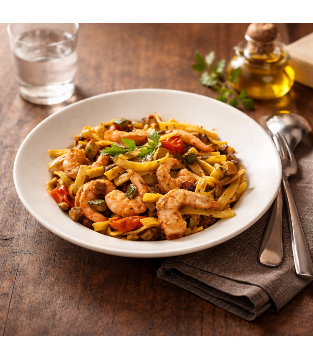 Poêlée tagliatelles et gambas