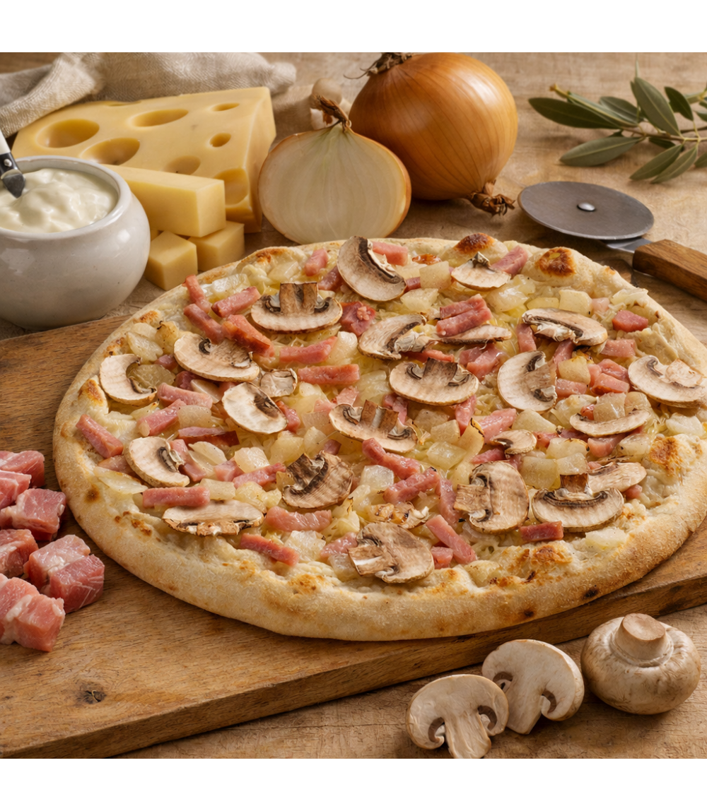 Pizza crémière oignons lardons