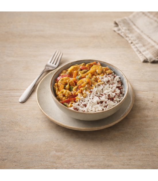 Crevettes au curry rouge duo de riz