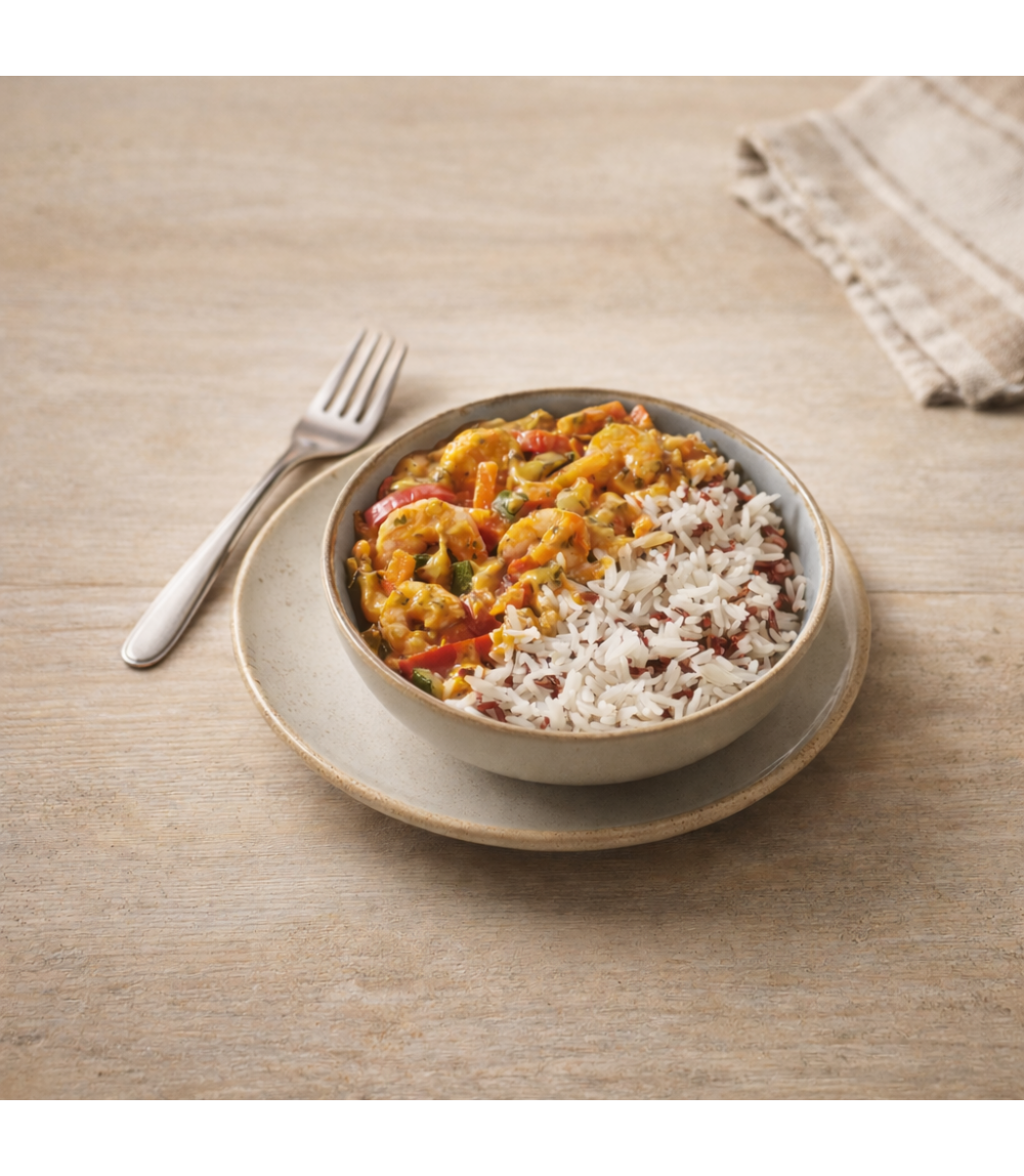 Crevettes au curry rouge duo de riz